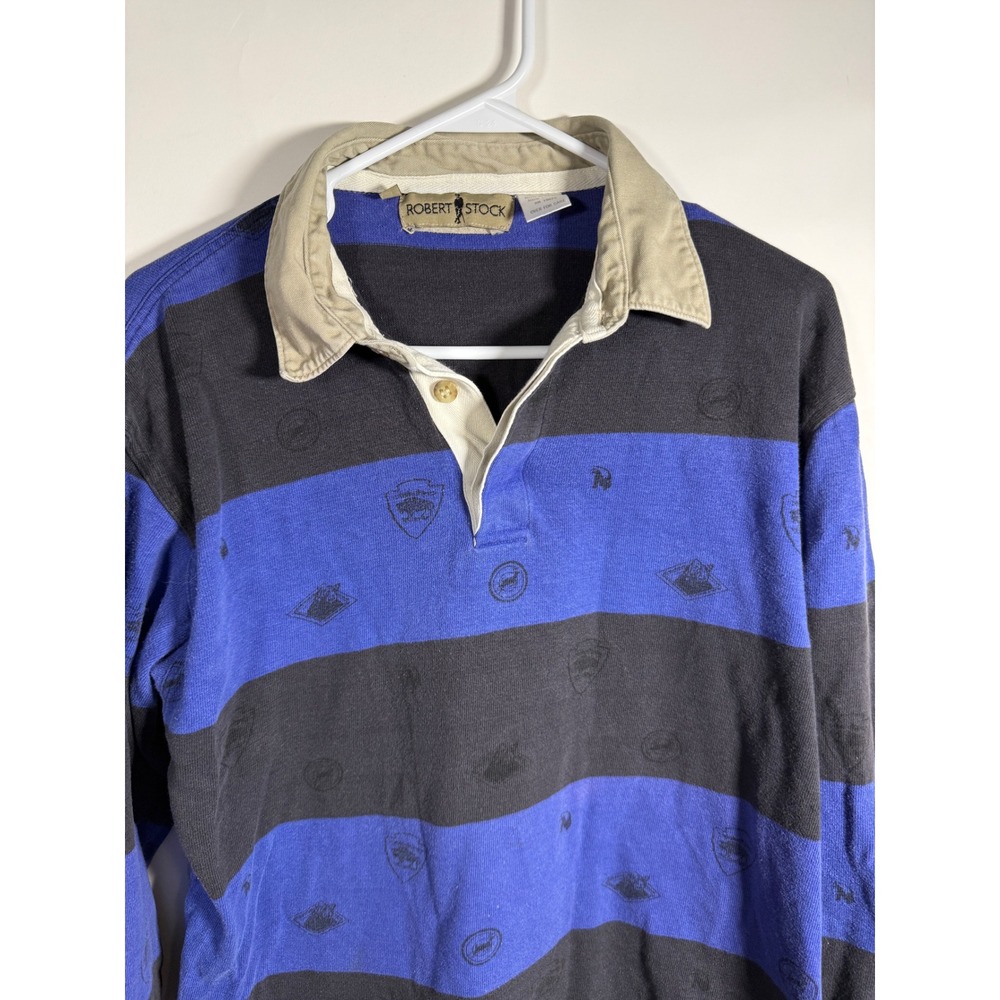 Robert Stock Mens Rugby Shirt Large Blue Black Striped Long Sleeve Crested Logo